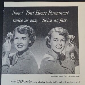 1949 Toni Spin Curlers Home Permanent Vintage Print Ad Twin Smiling Ladies‎